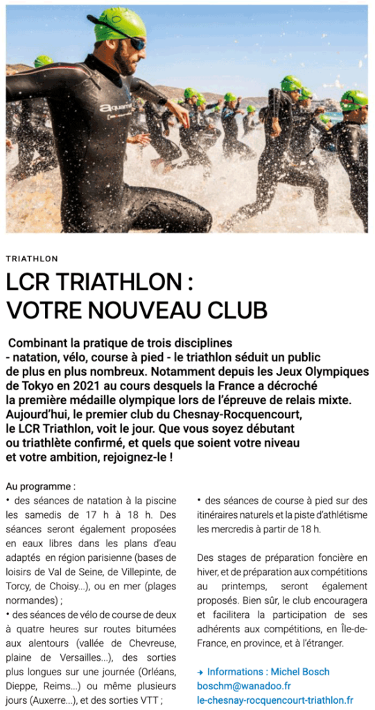 Annonce de création du club LCR Triathlon dans le mensuel du Chesnay-Rocquencourt